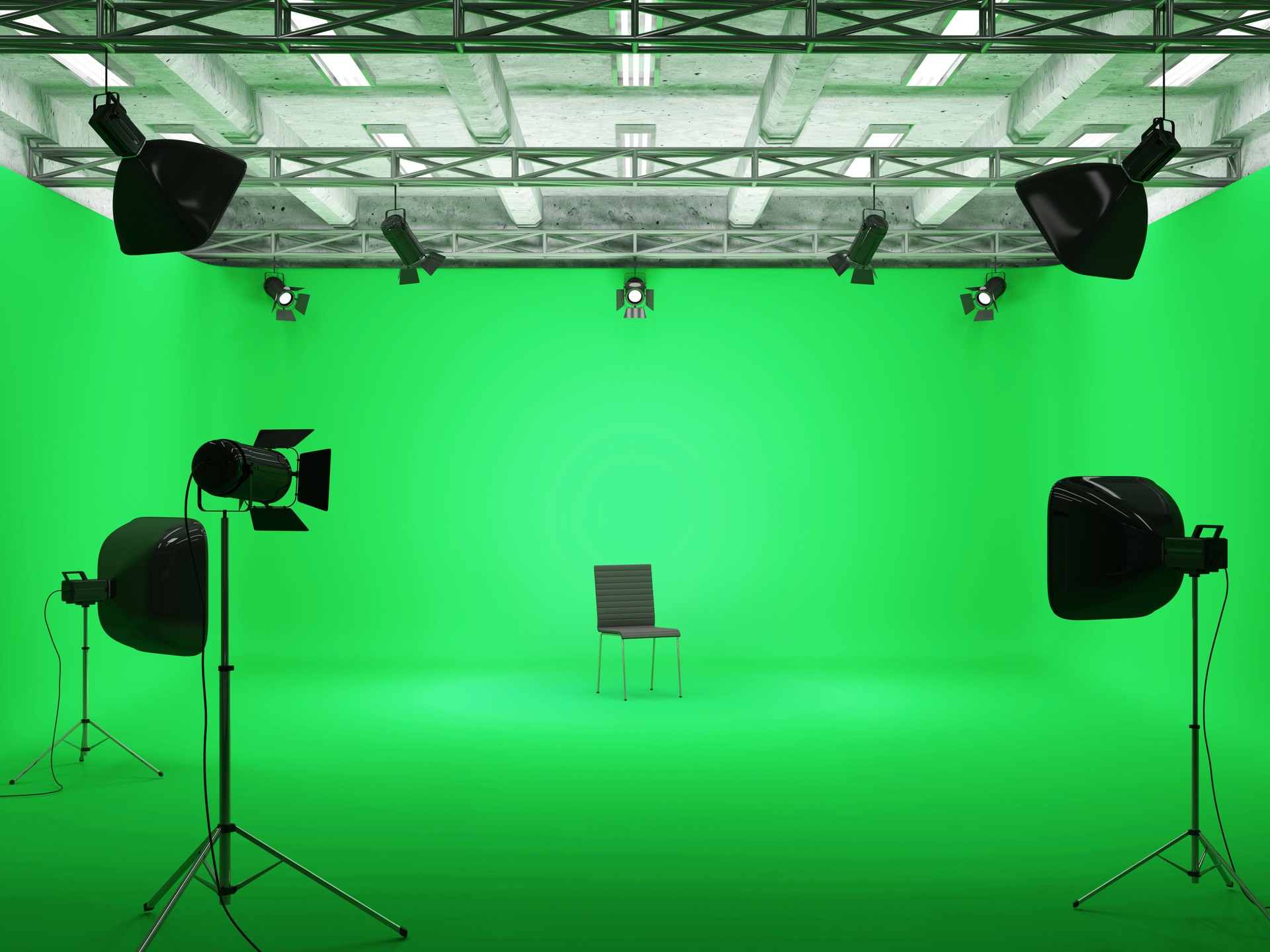 Modern Film Studio with Green Screen and Light Equipment
