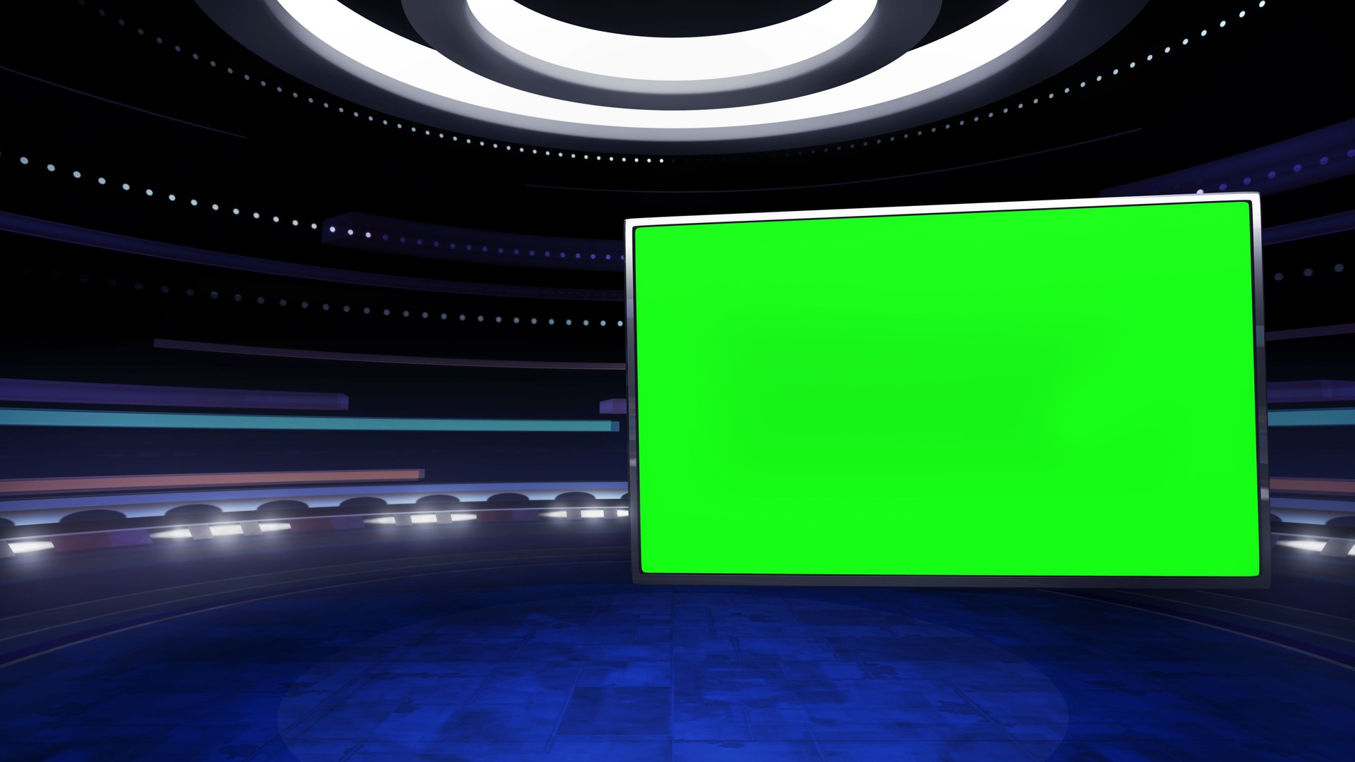 Virtual studio TV news show background, with a monitor.